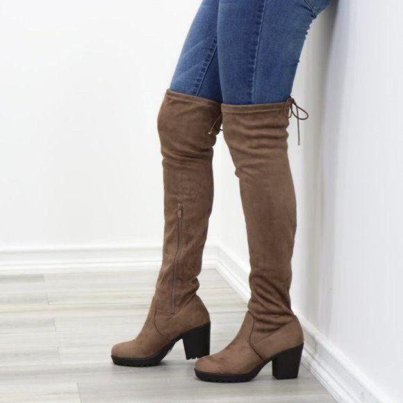 Taupe Thigh High Suede Boots Lug Chunky Heel - Picture 15 of 15